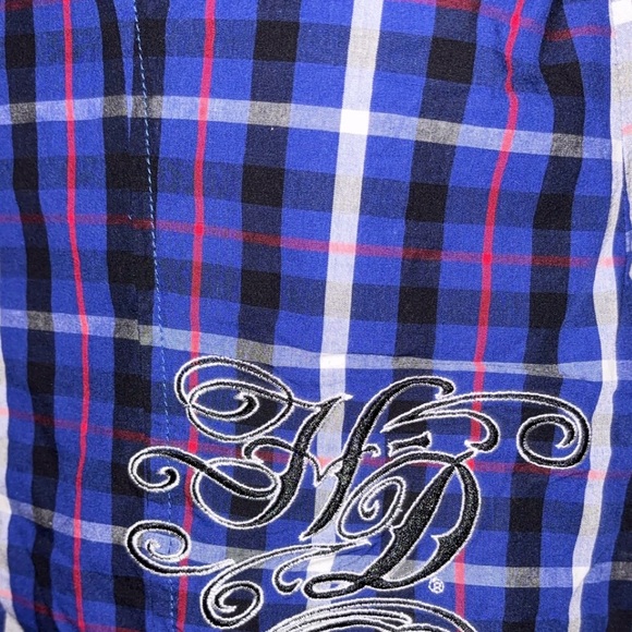 Harley-Davidson Woman Blue & Red Plaid Shirt Snap Buttons Size XS P2P 18” - Picture 5 of 5